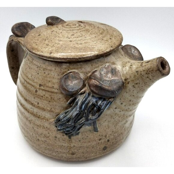 Stoneware Teapot Lid Mustache Ponytail Vintage 1970s Artist Signed Bottom 5 Inch - Picture 5 of 14